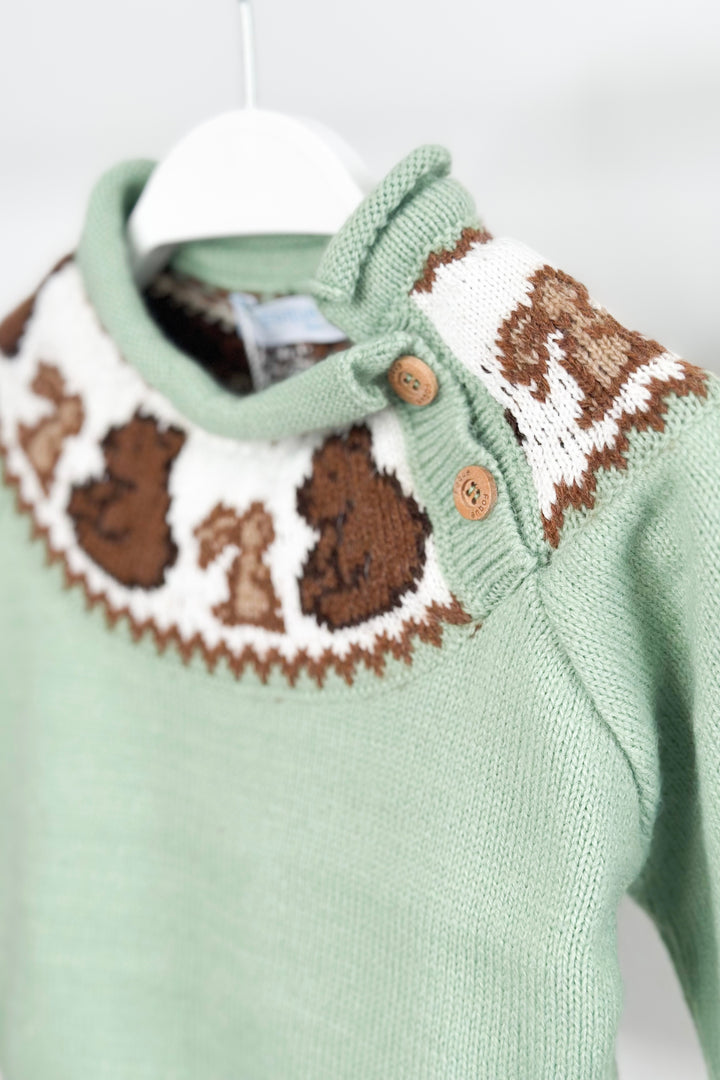 Foque "Stevie" Sage Green Knit Bear Jumper | Millie and John