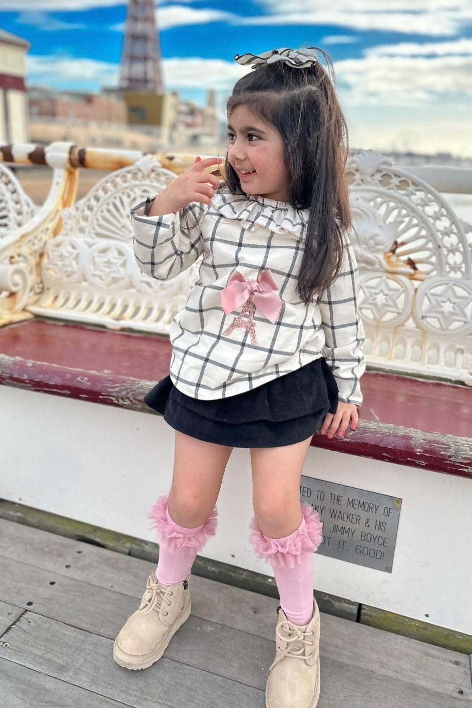 Valentina Bebes "Macie" Ecru Checked Sweatshirt & Black Skirt | Millie and John