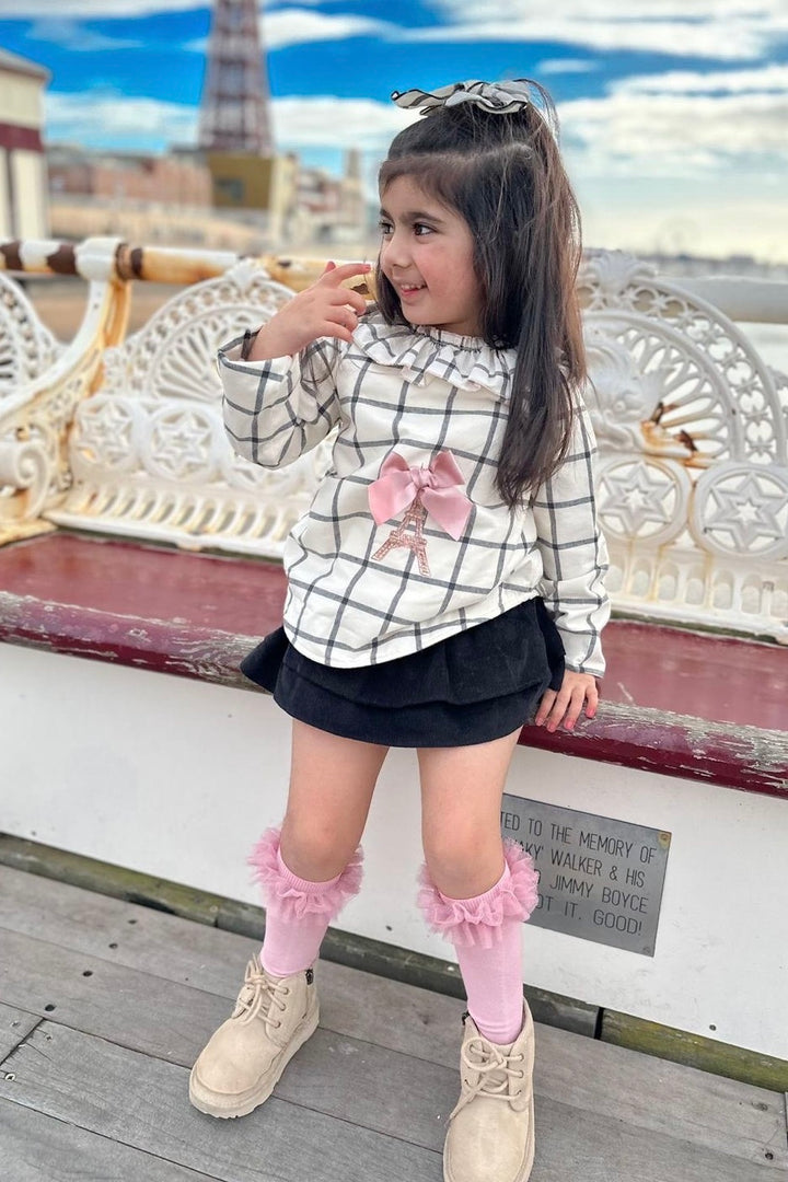 Valentina Bebes "Macie" Ecru Checked Sweatshirt & Black Skirt | Millie and John