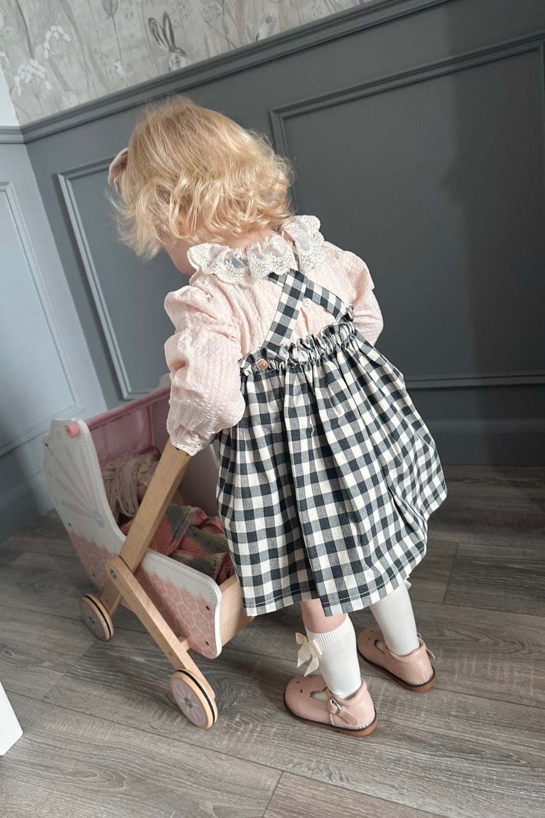 Valentina Bebes "Molly" Peach Blouse & Black Gingham Pinafore Dress | Millie and John