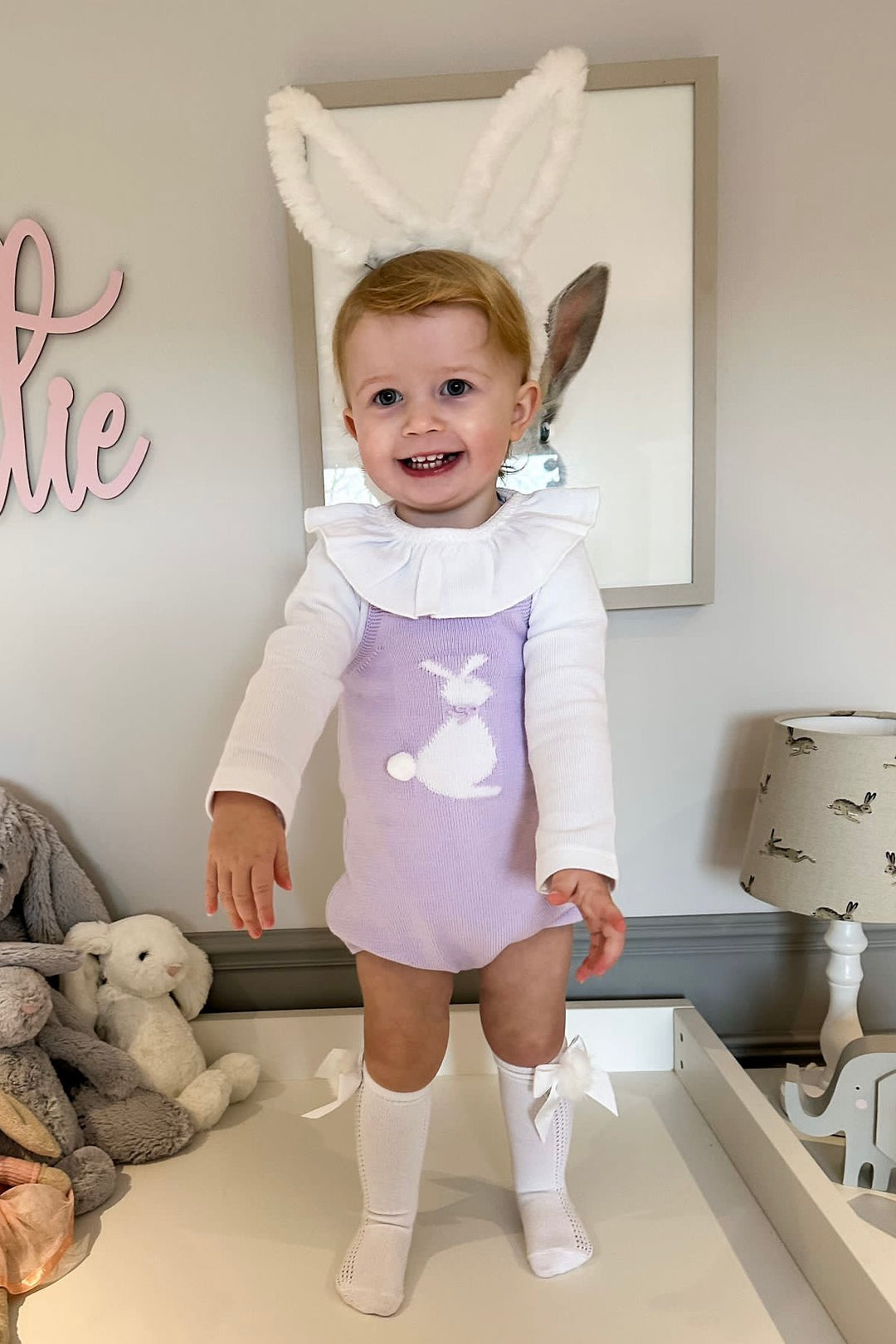 Granlei "Roux" Lilac Knit Bunny Dungaree Romper | Millie and John