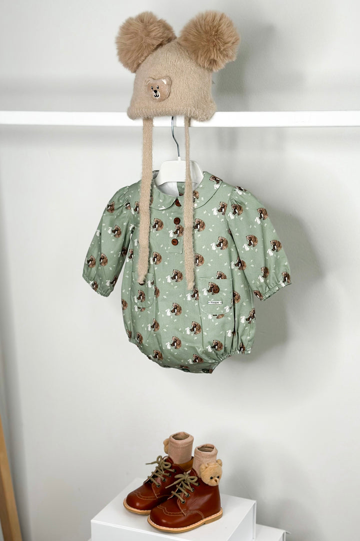 Foque "Alfred" Sage Green Bear Romper | Millie and John