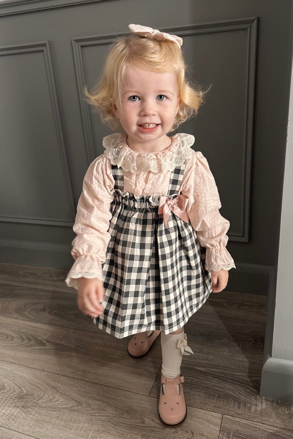 Valentina Bebes "Molly" Peach Blouse & Black Gingham Pinafore Dress | Millie and John