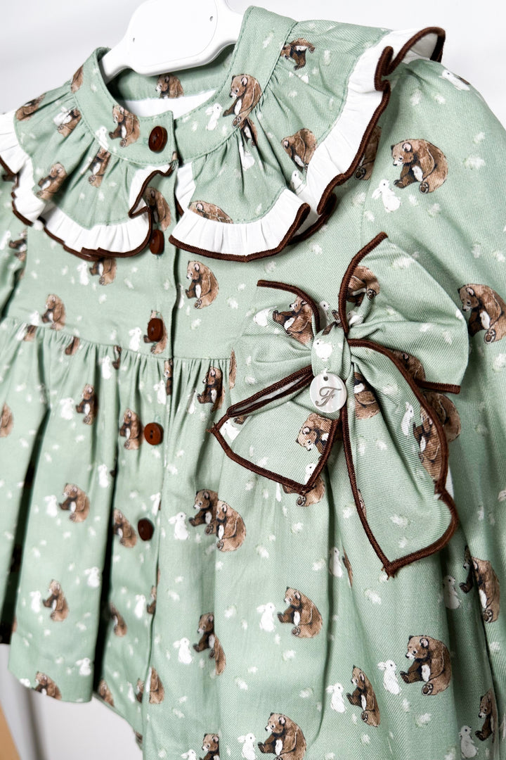 Foque "Mimi" Sage Green Bear Dress & Bloomers | Millie and John