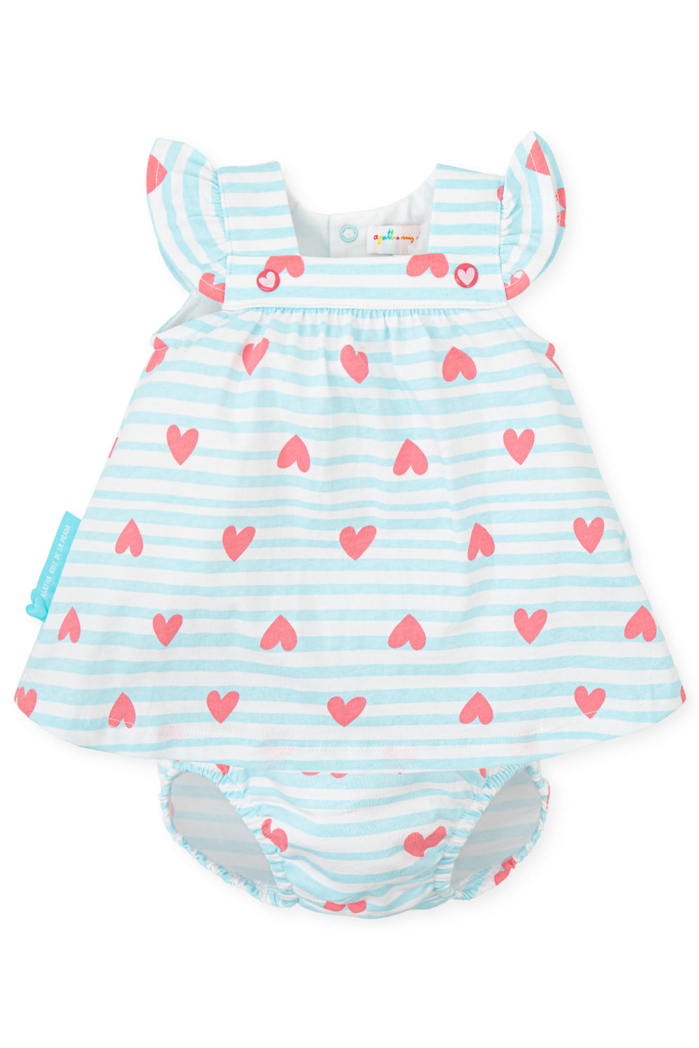Agatha Ruíz de la Prada "Ariel" Aquamarine Striped Heart Print Dress & Bloomers | Millie and John
