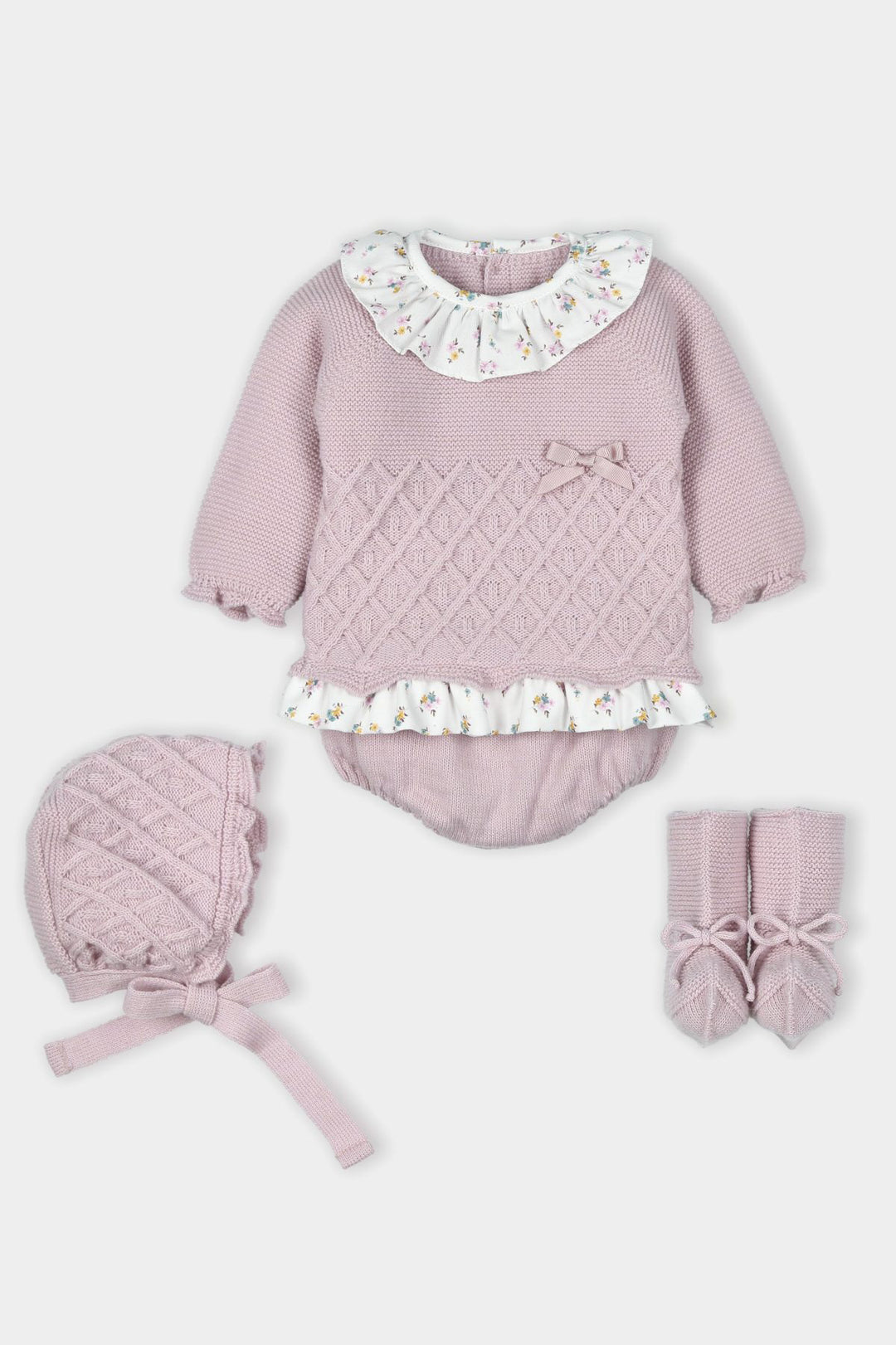 Mac Ilusión PREORDER "Agnes" Pink Floral Knitted Outfit Set | Millie and John
