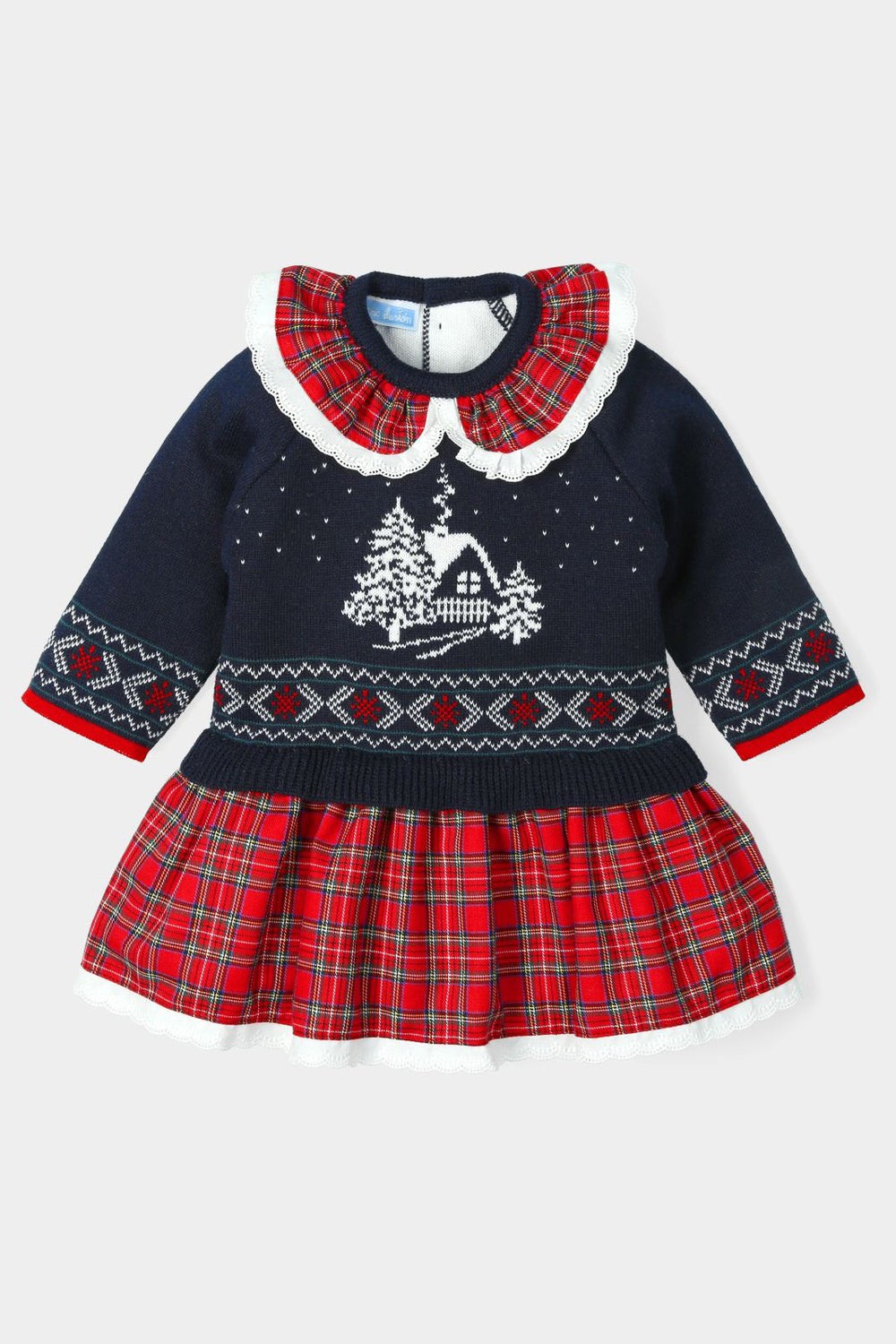 Mac Ilusión PREORDER "Adeline" Navy & Red Knit Tartan Dress | Millie and John