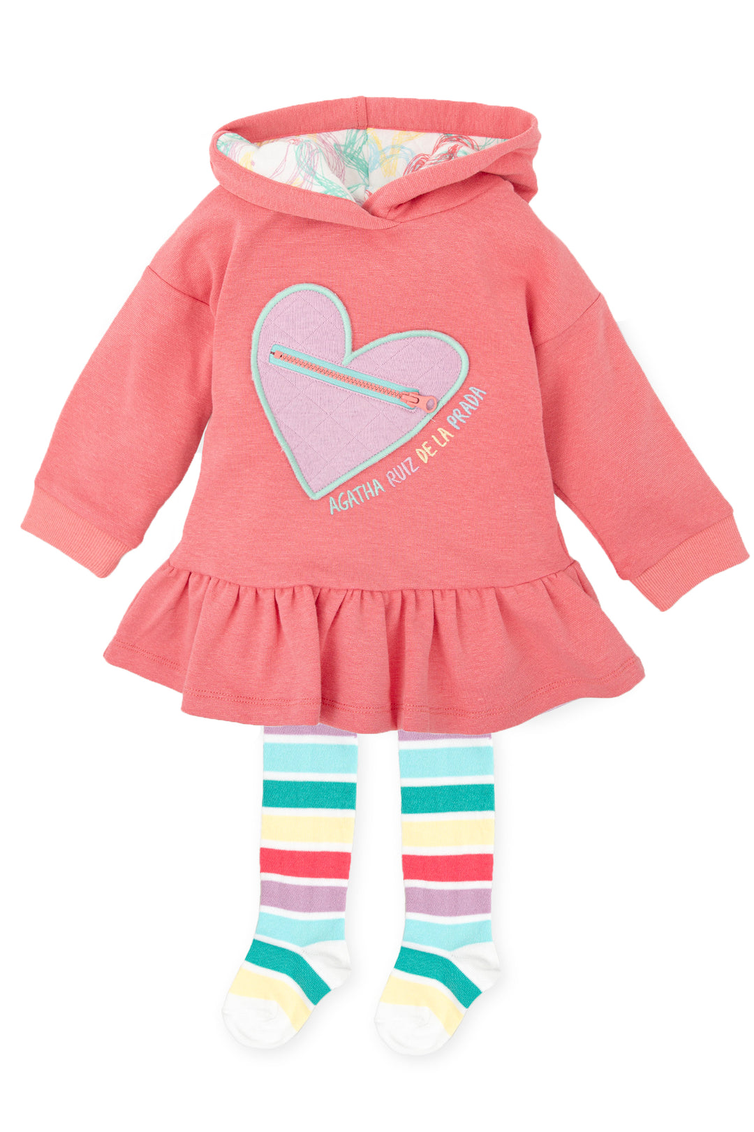 Agatha Ruíz de la Prada "Kinsley" Coral Hoodie Dress & Tights | Millie and John
