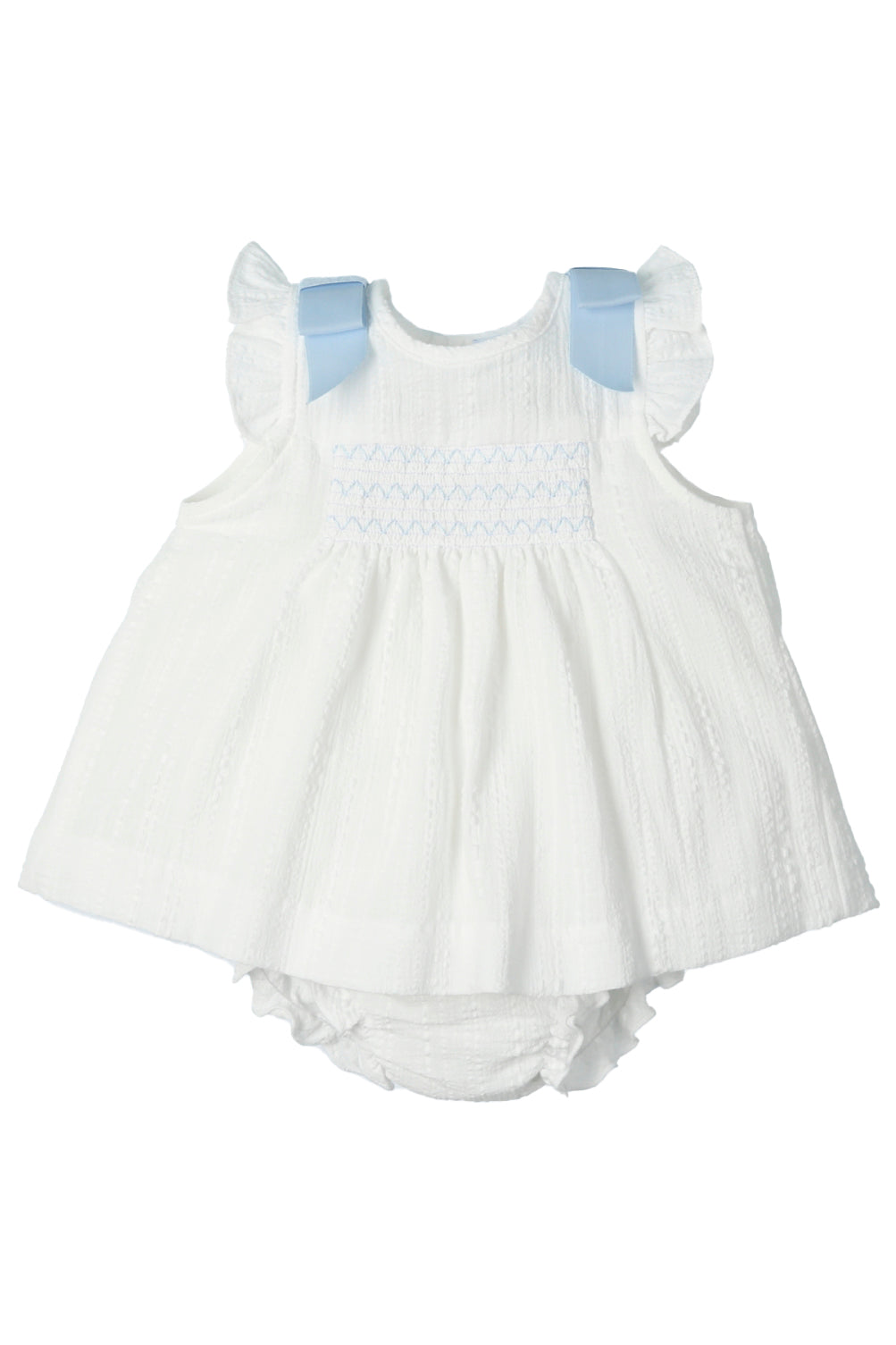 Mac Ilusión "Zariah" White & Blue Smocked Dress & Bloomers | Millie and John