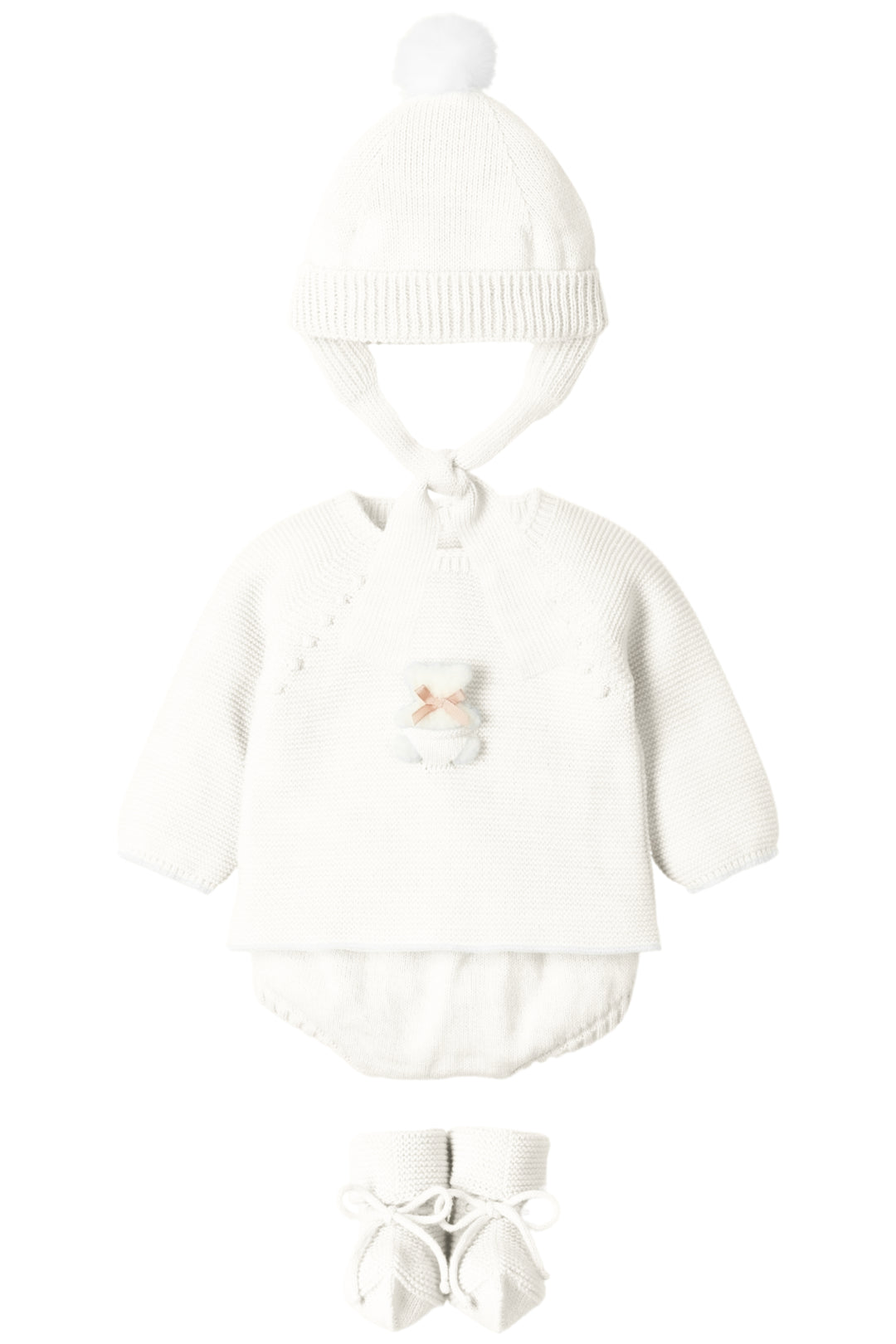 Mac Ilusión "Remi" Ivory Knit Teddy Top, Bloomers, Hat & Booties | Millie and John