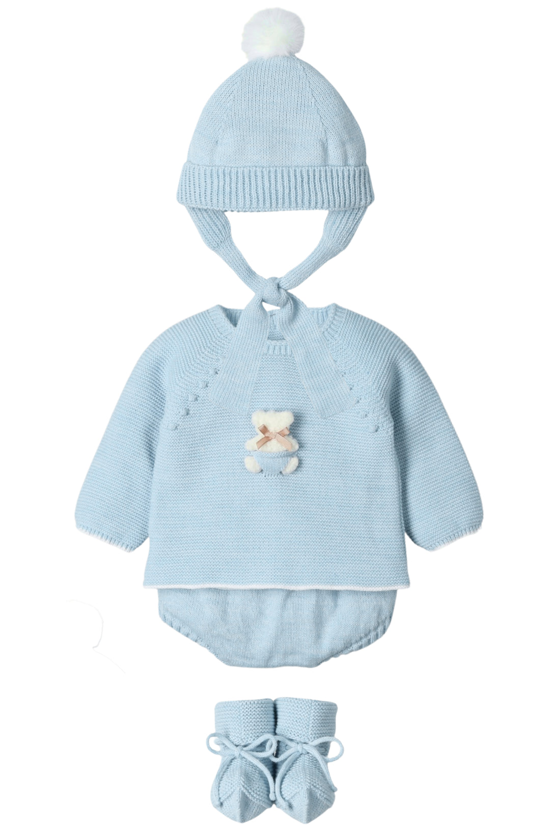 Mac Ilusión "Remi" Cloud Blue Knit Teddy Top, Bloomers, Hat & Booties | Millie and John