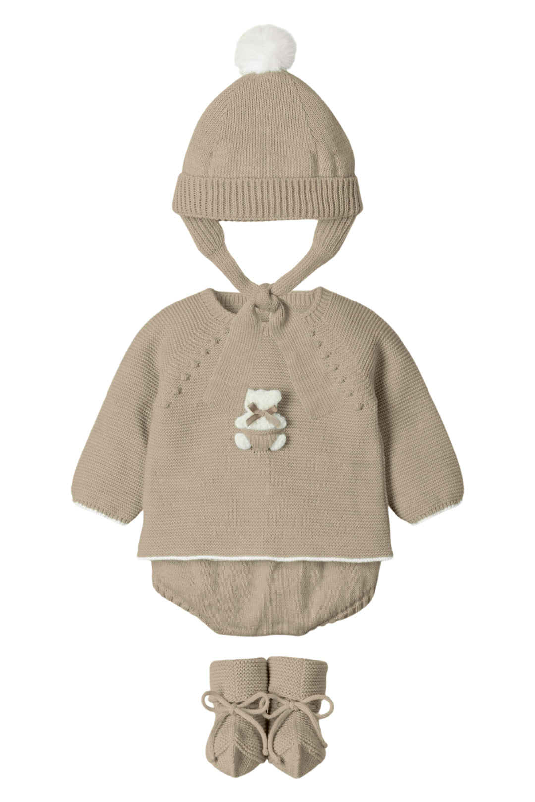 Mac Ilusión "Remi" Hazelnut Knit Teddy Top, Bloomers, Hat & Booties | Millie and John