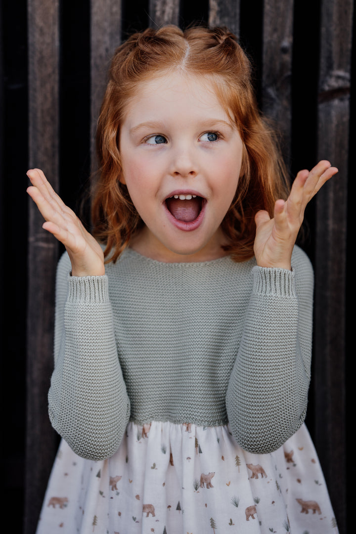 Wedoble "Joana" Sage Green Half Knit Bear Dress | Millie and John