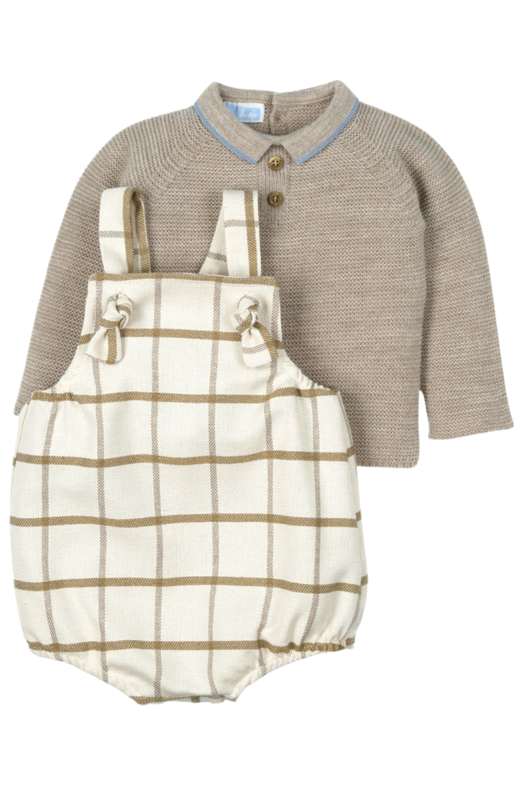 Mac Ilusión "Jackson" Hazelnut Knit Top & Check Dungaree Romper | Millie and John