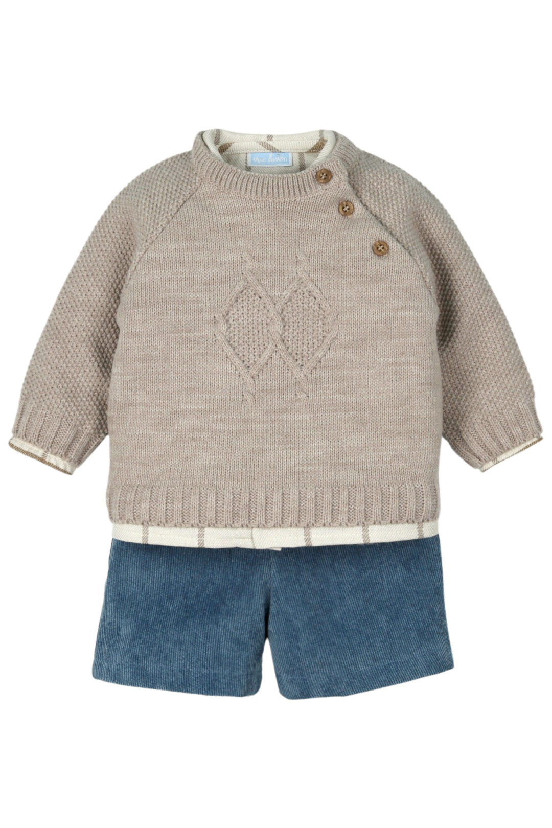 Mac Ilusión "Myles" Hazelnut Knit Jumper, Check Shirt & Cord Shorts | Millie and John