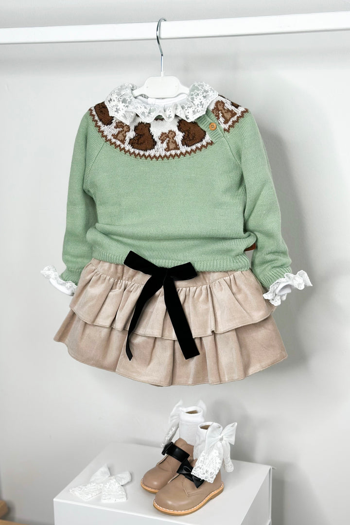 Foque "Stevie" Sage Green Knit Bear Jumper | Millie and John
