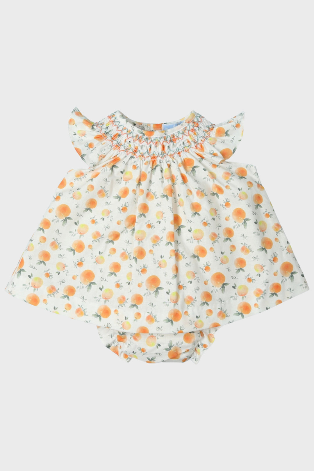 Mac Ilusión "Audrey" Peach Print Smocked Dress & Bloomers | Millie and John