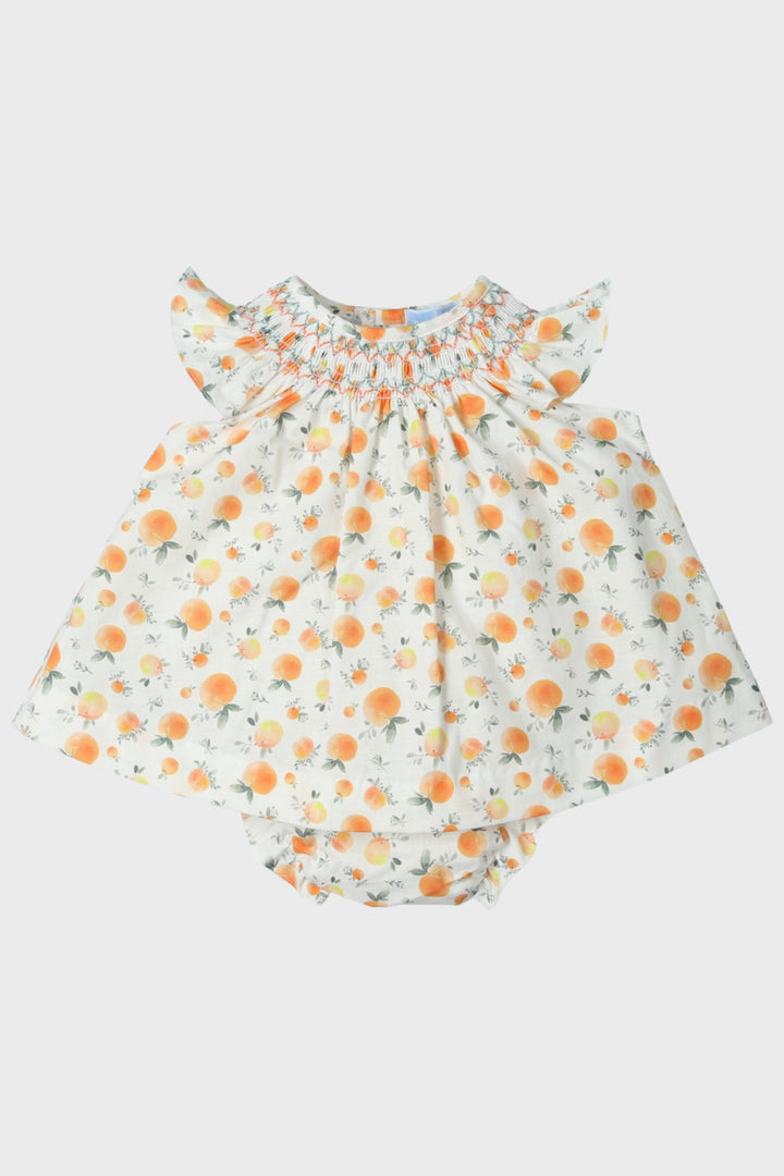 Mac Ilusión "Audrey" Peach Print Smocked Dress & Bloomers | Millie and John