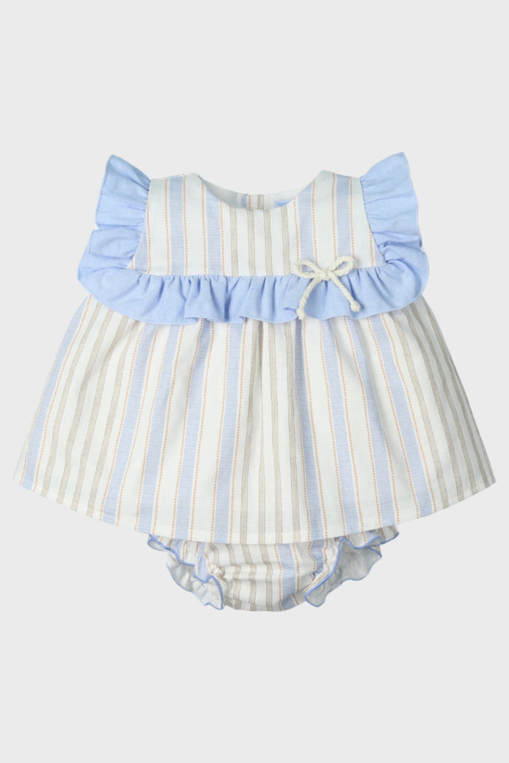 Mac Ilusión "Madeline" Blue & Beige Striped Dress & Bloomers | Millie and John
