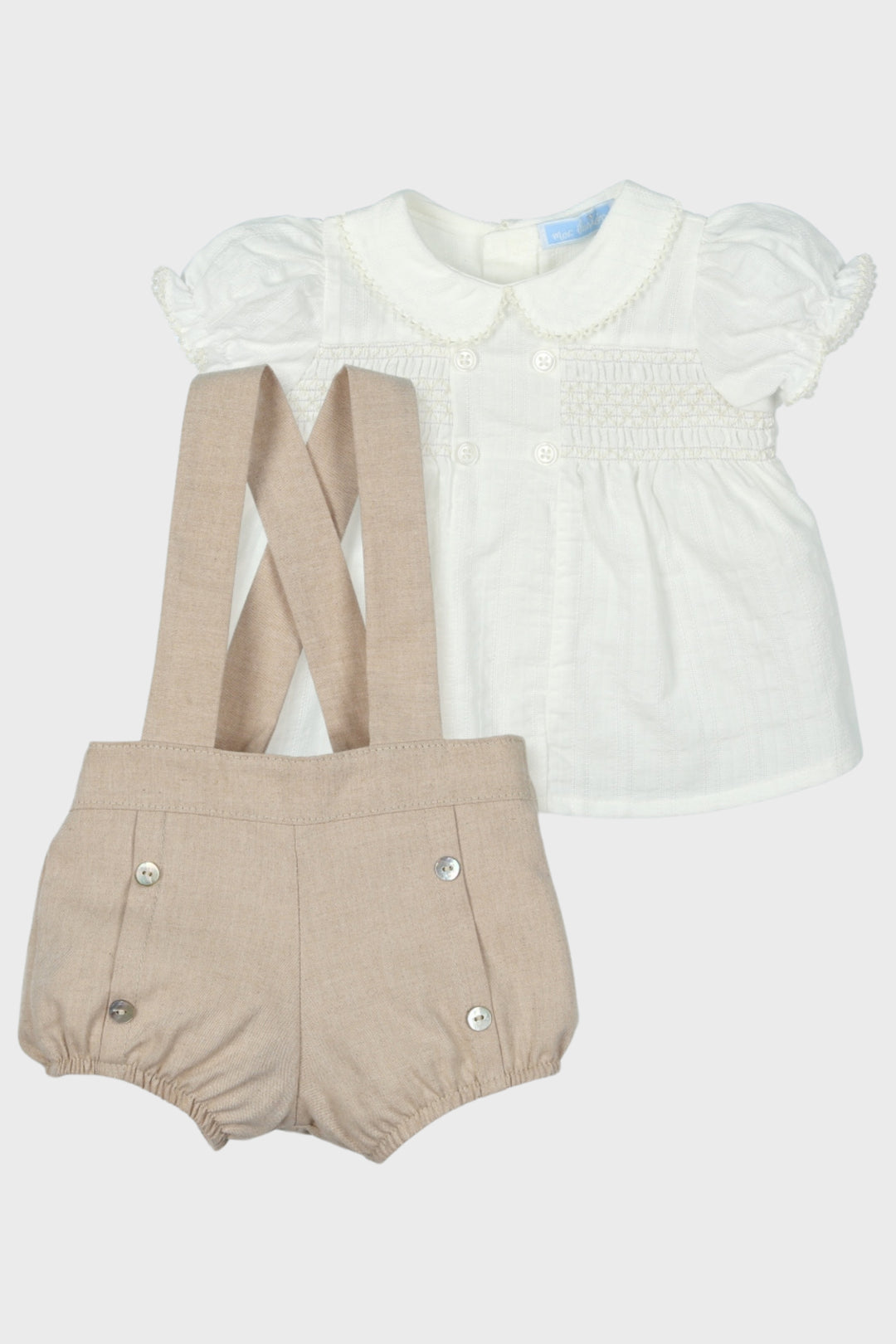 Mac Ilusión "Zane" Ivory Smocked Top & Beige Jam Pants | Millie and John