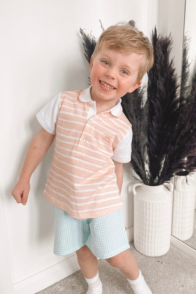 Tutto Piccolo "Gabriel" Peach & Aquamarine Polo Shirt & Shorts | Millie and John