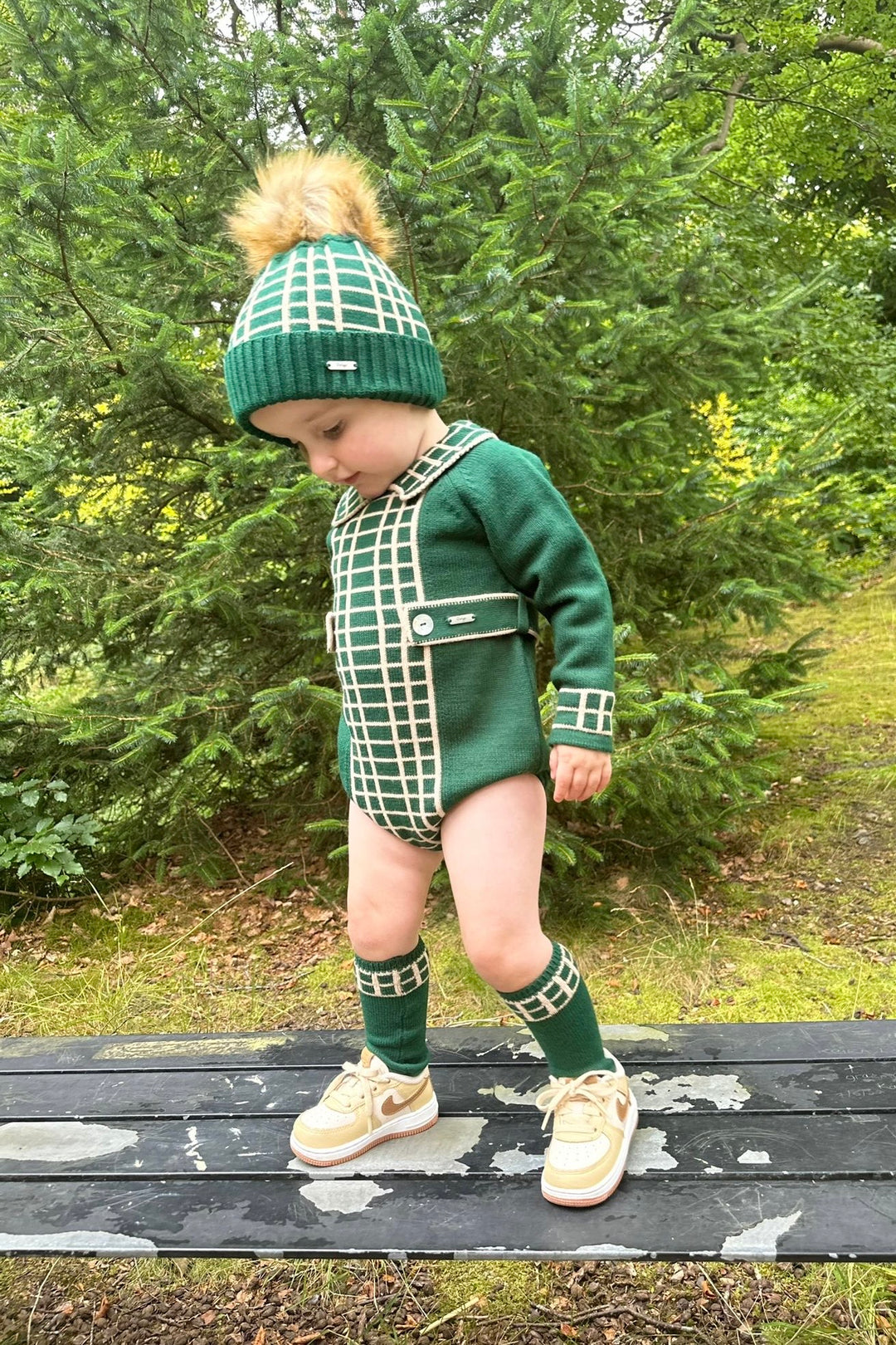 Rahigo "Joss" Bottle Green & Camel Check Knit Romper | Millie and John