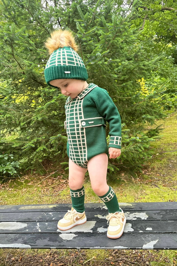Rahigo "Joss" Bottle Green & Camel Check Knit Romper | Millie and John