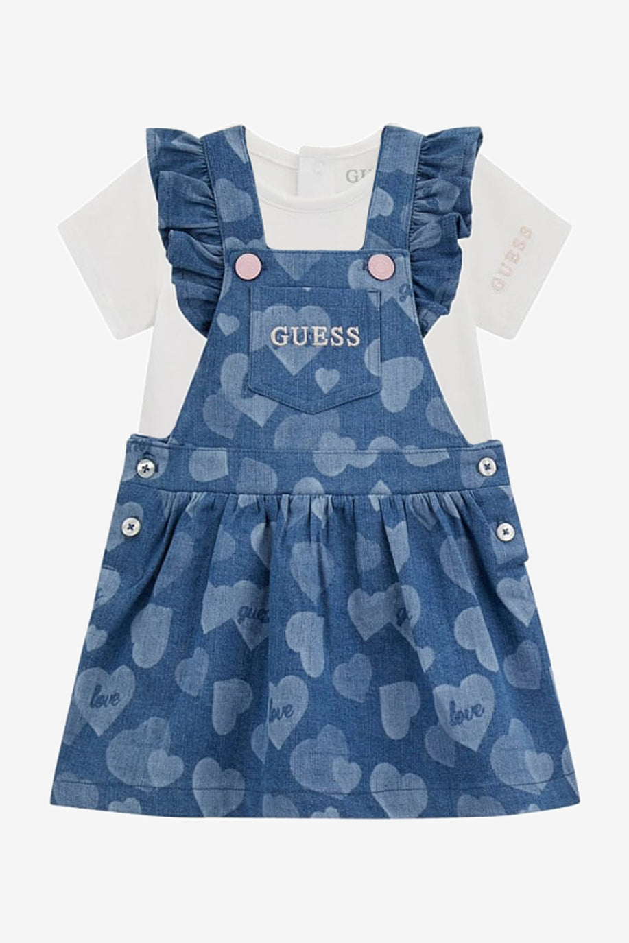 GUESS® Kids "Bonnie" Denim Heart Pinafore Dress Set | Millie and John