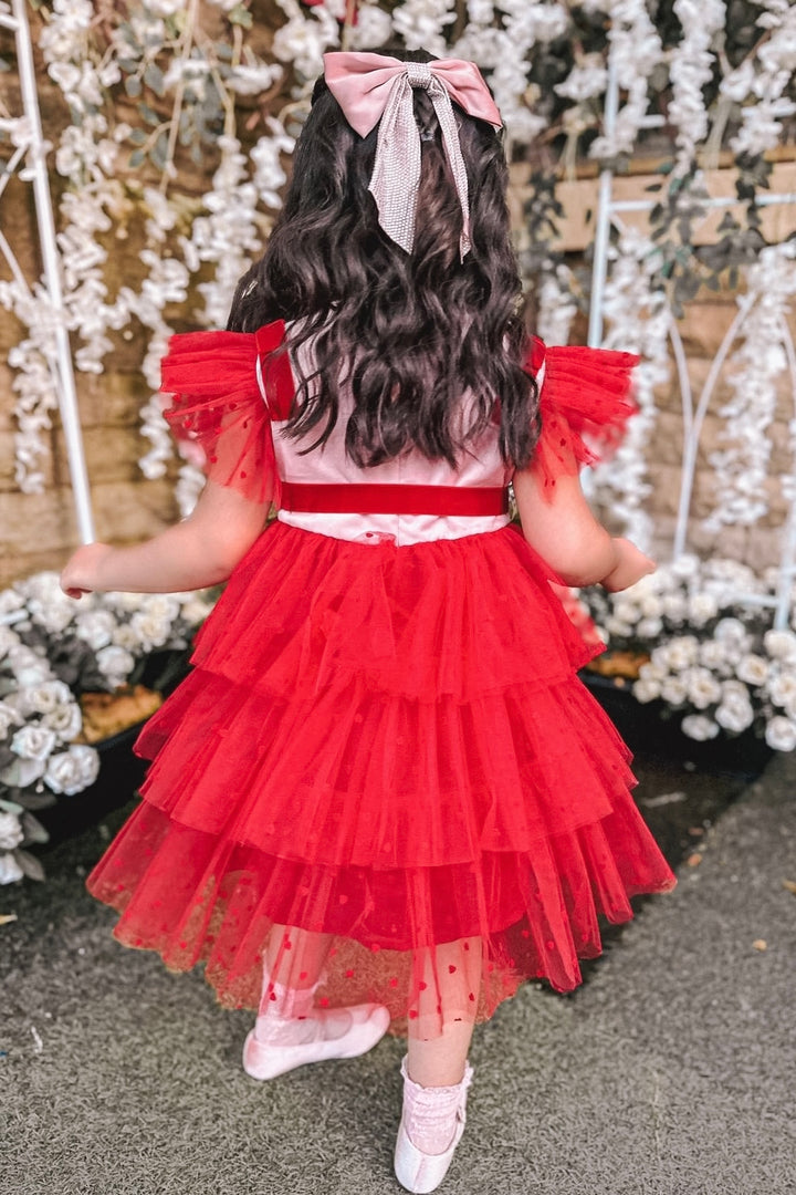 Phi "Amora" Pink & Red Velvet Tulle Dress | Millie and John