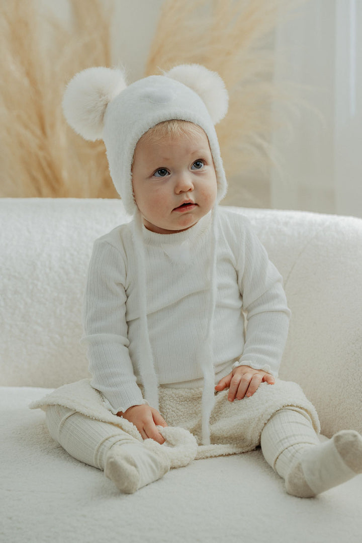 Jamiks Fluffy Ivory Cashmere Bear Pom Pom Hat | Millie and John