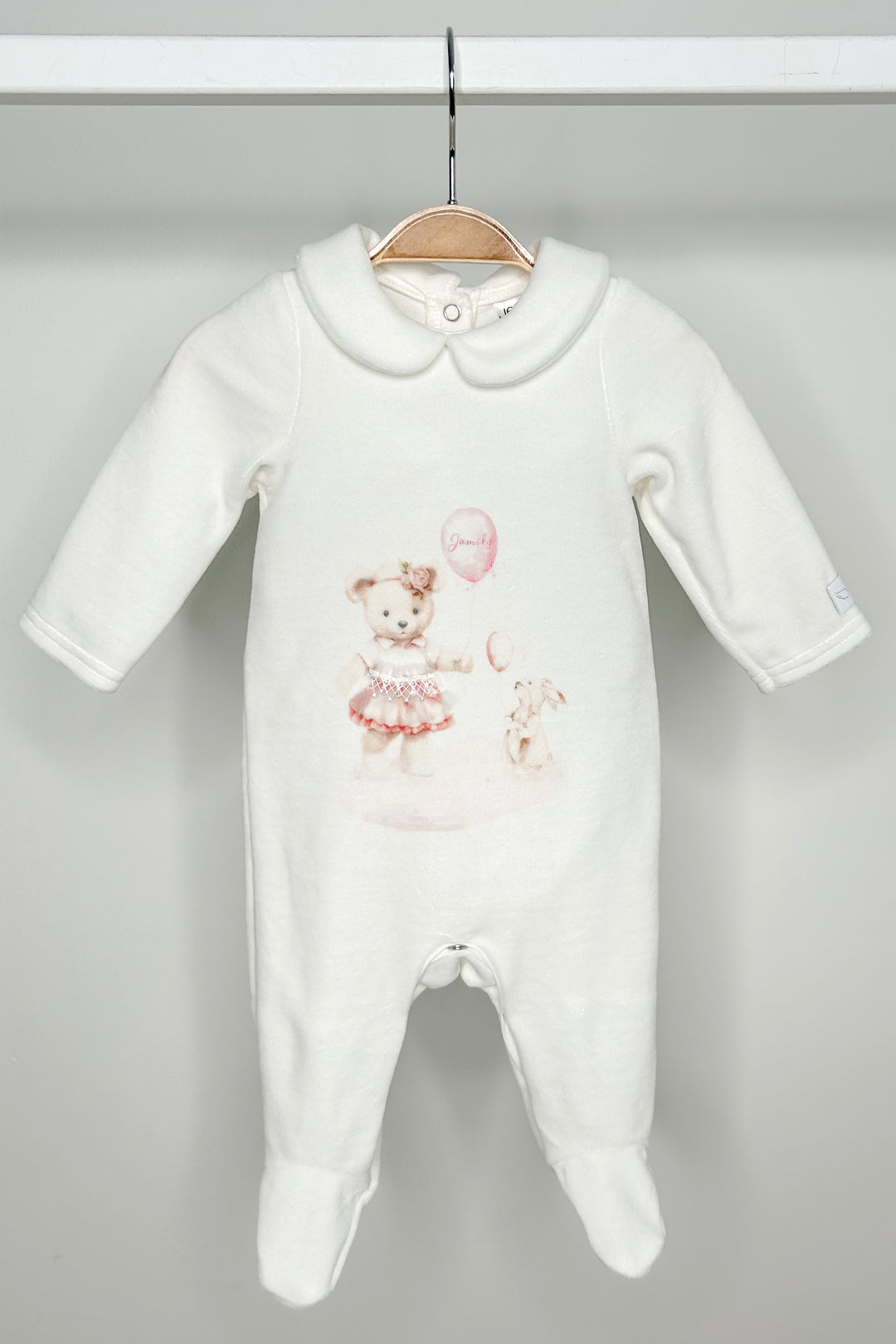 Jamiks Ivory & Pink Velour Bear Sleepsuit | Millie and John