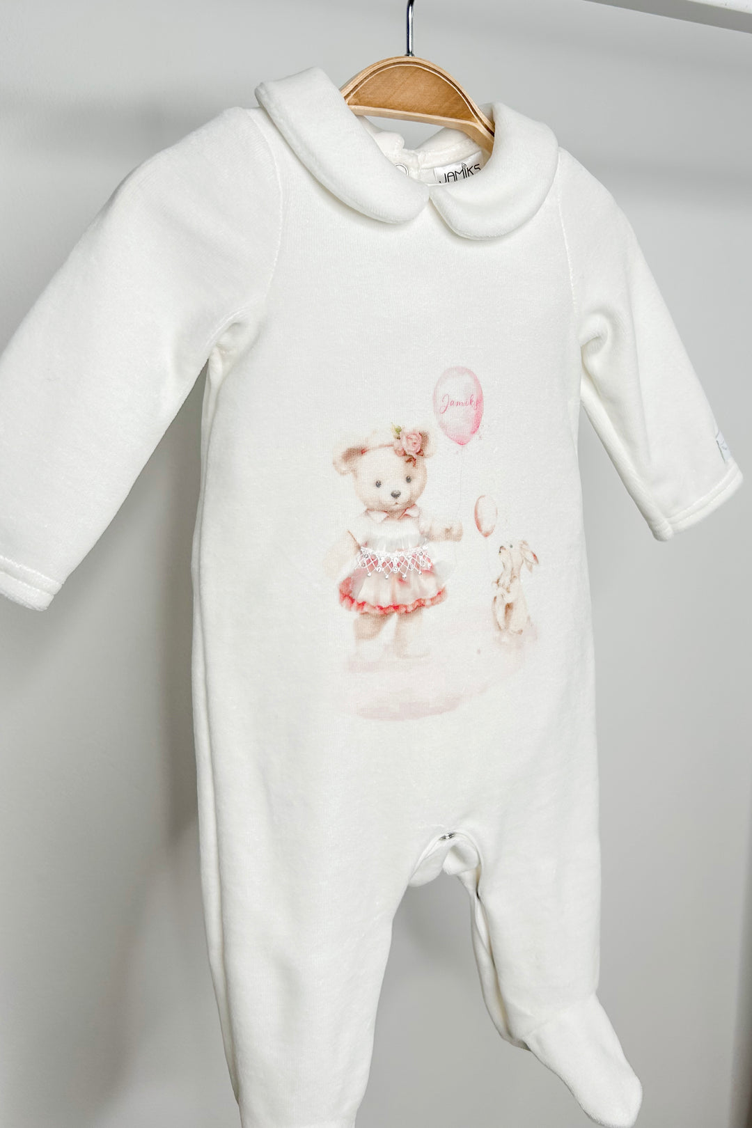 Jamiks Ivory & Pink Velour Bear Sleepsuit | Millie and John