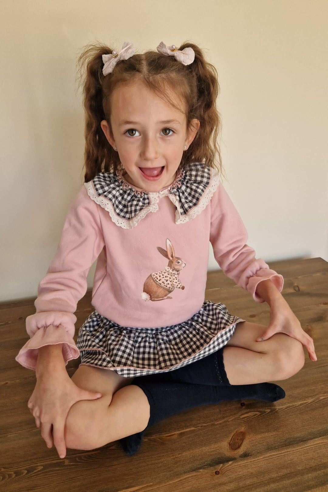 Valentina Bebes "Opal" Dusky Pink Bunny Sweatshirt & Black Gingham Skirt | Millie and John