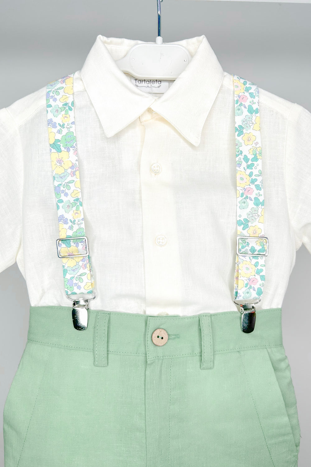 Tartaleta "Greyson" Shirt, Sage Green Shorts & Floral Braces | Millie and John