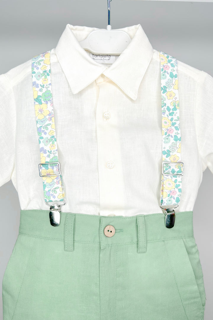 Tartaleta "Greyson" Shirt, Sage Green Shorts & Floral Braces | Millie and John