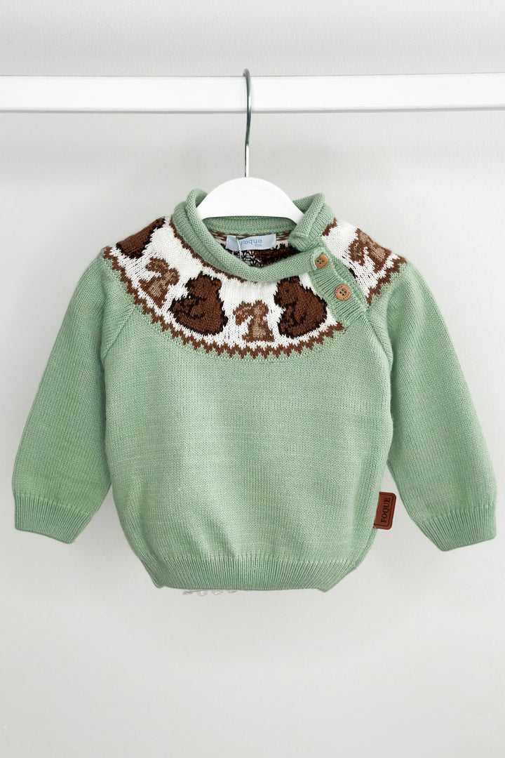 Foque "Stevie" Sage Green Knit Bear Jumper | Millie and John
