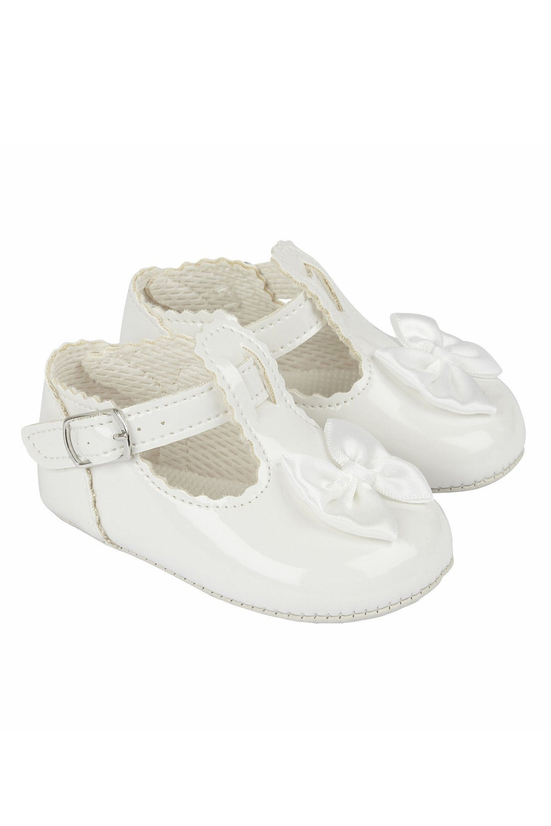 Baypods White Patent T-Bar Bow Soft Sole Shoes | Millie and John