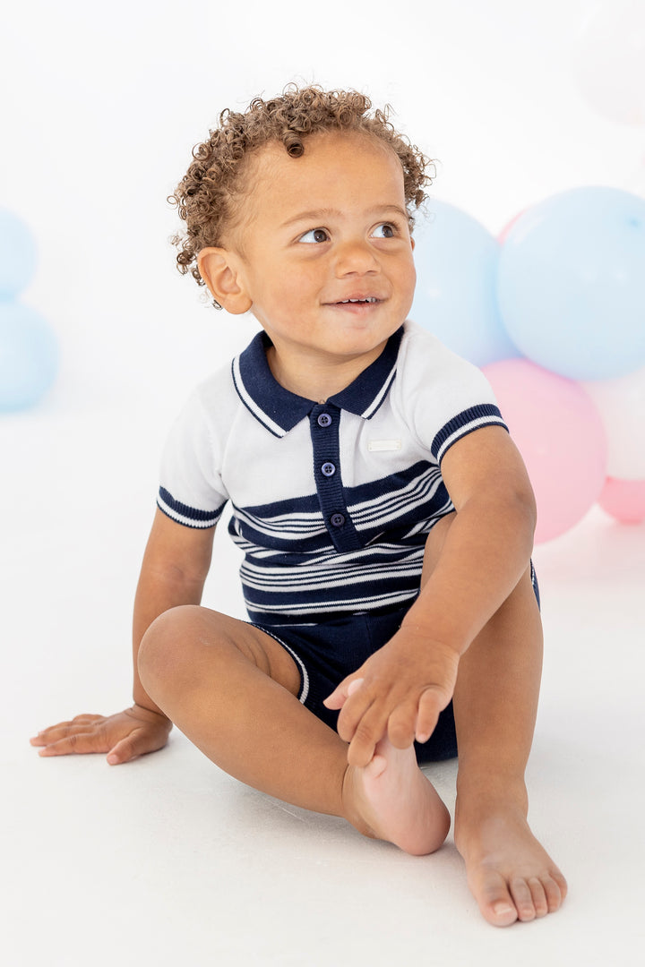 Blues Baby "Jacob" Navy Striped Knit Polo Shirt & Shorts | Millie and John