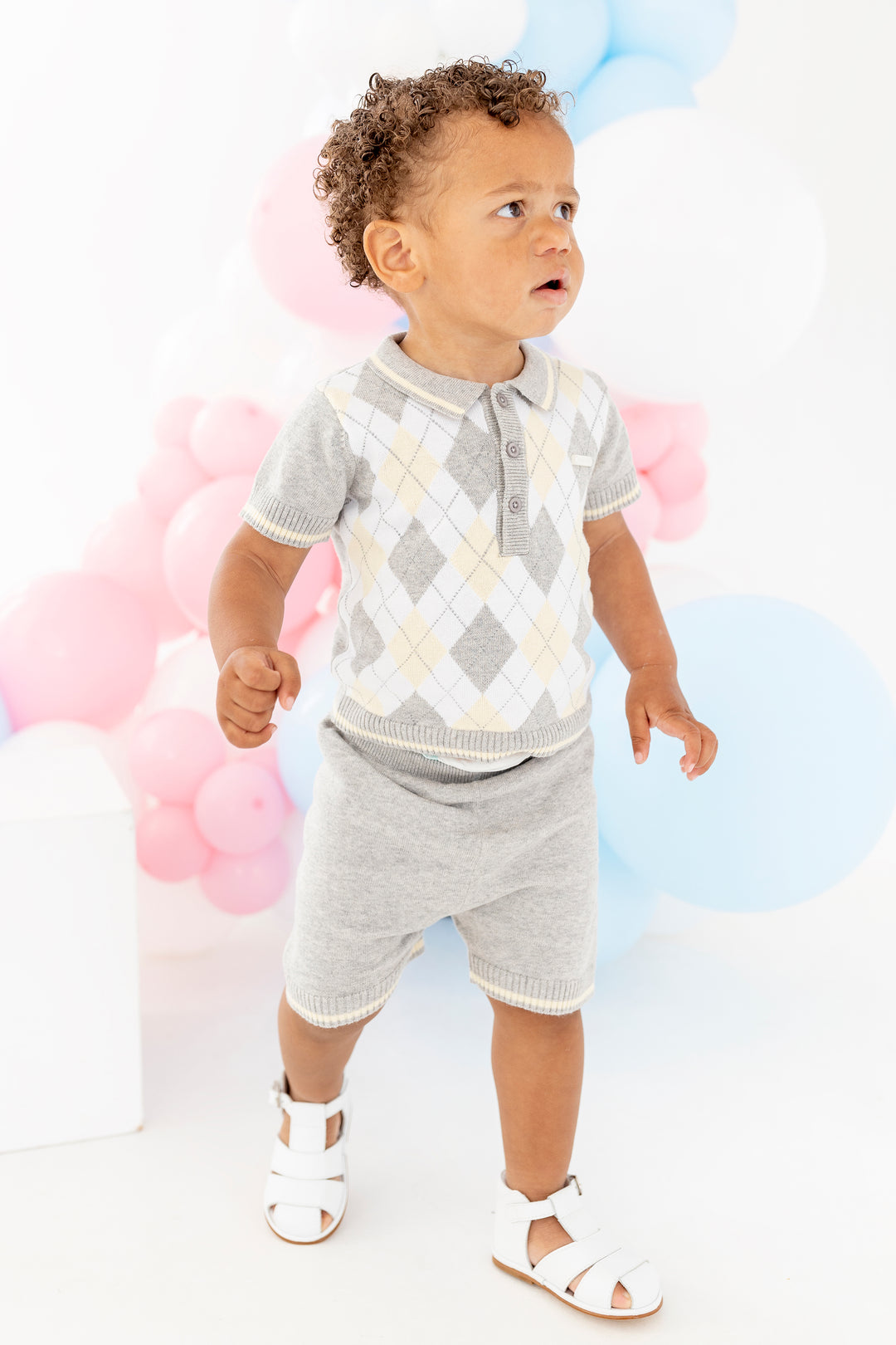 Blues Baby "Charlie" Grey & Lemon Argyle Knit Polo Shirt & Shorts | Millie and John