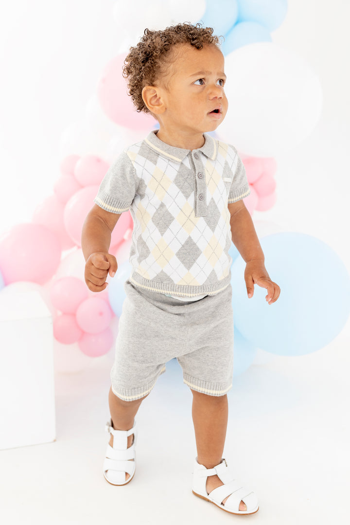 Blues Baby "Charlie" Grey & Lemon Argyle Knit Polo Shirt & Shorts | Millie and John