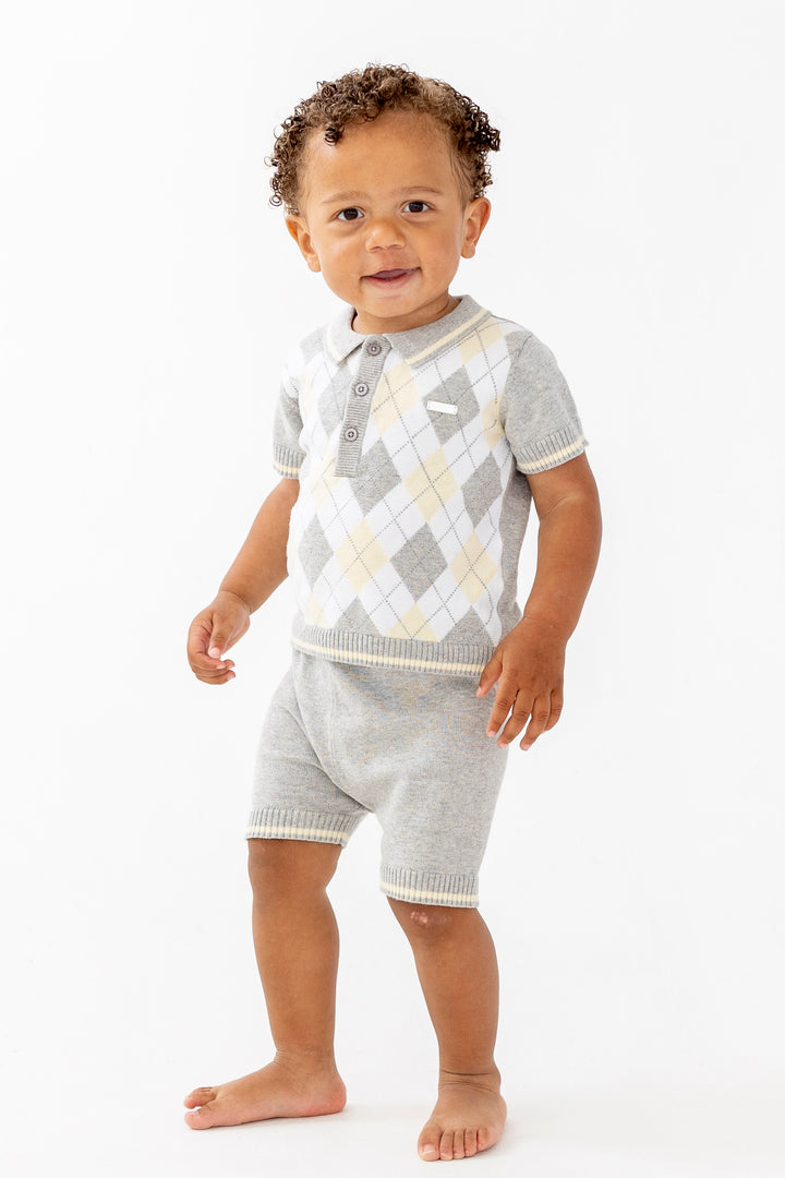 Blues Baby "Charlie" Grey & Lemon Argyle Knit Polo Shirt & Shorts | Millie and John