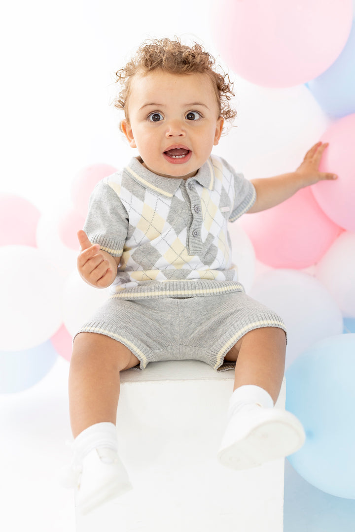 Blues Baby "Charlie" Grey & Lemon Argyle Knit Polo Shirt & Shorts | Millie and John