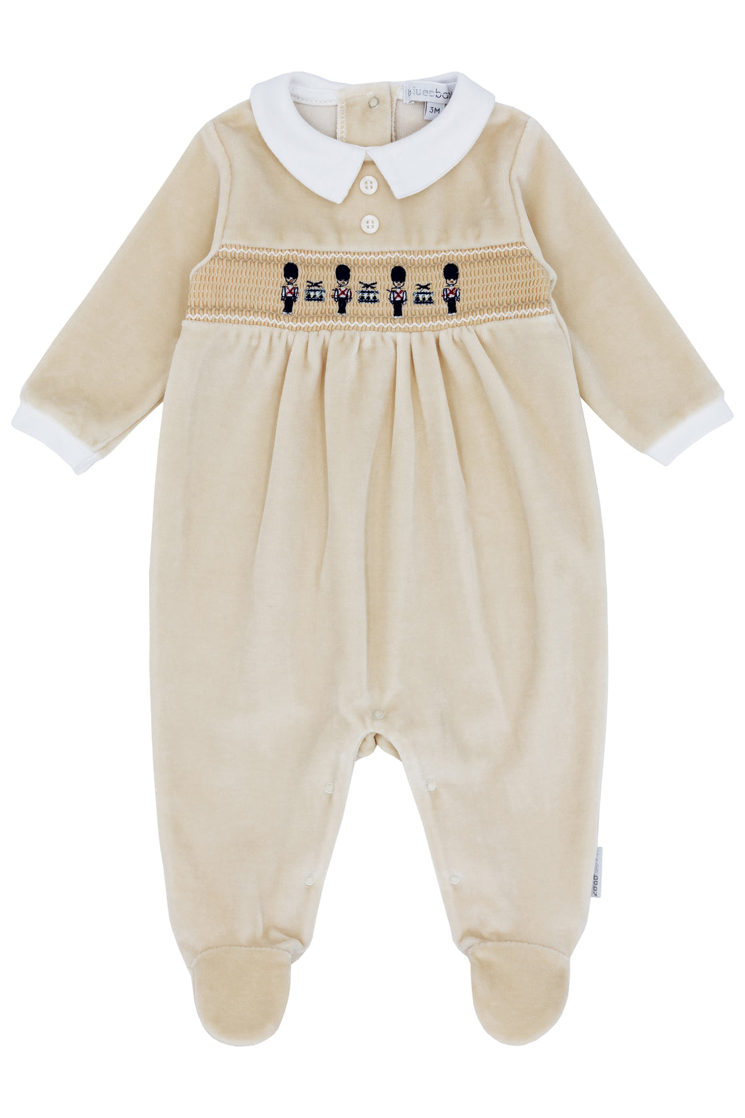 Blues Baby "Jasper" Beige Smocked King's Guard Velour Sleepsuit | Millie and John