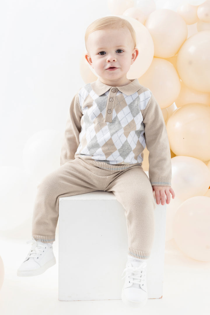 Blues Baby "Xavier" Beige & Grey Argyle Knit Top & Trousers | Millie and John