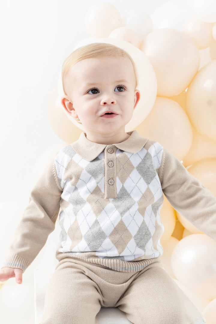 Blues Baby "Xavier" Beige & Grey Argyle Knit Top & Trousers | Millie and John