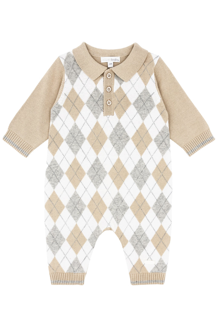 Blues Baby "Logan" Beige & Grey Argyle Knit Romper | Millie and John