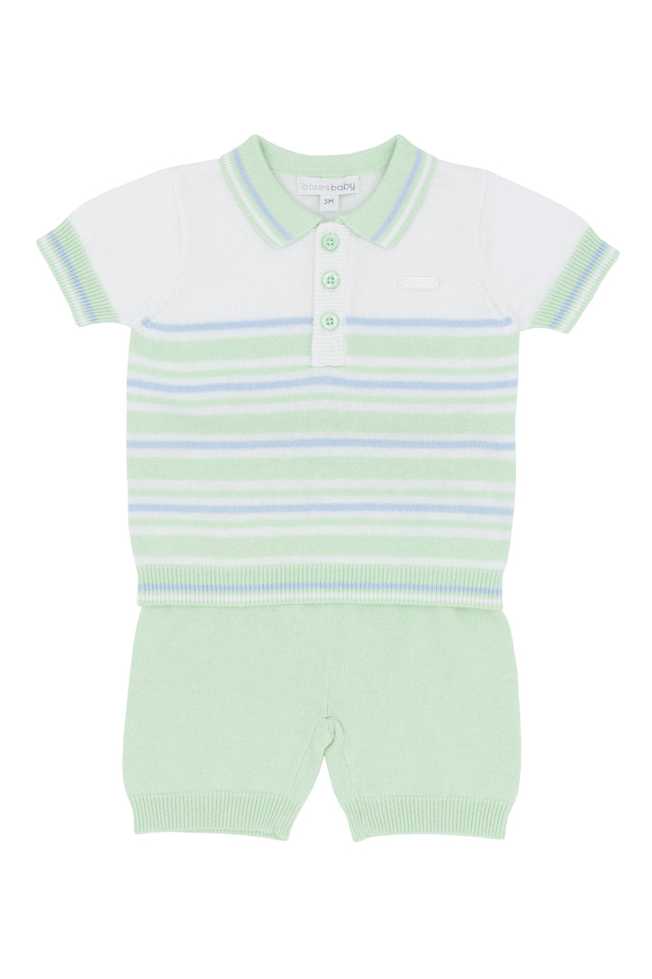 Blues Baby "Enzo" Mint & Blue Striped Knitted Polo Shirt & Shorts | Millie and John