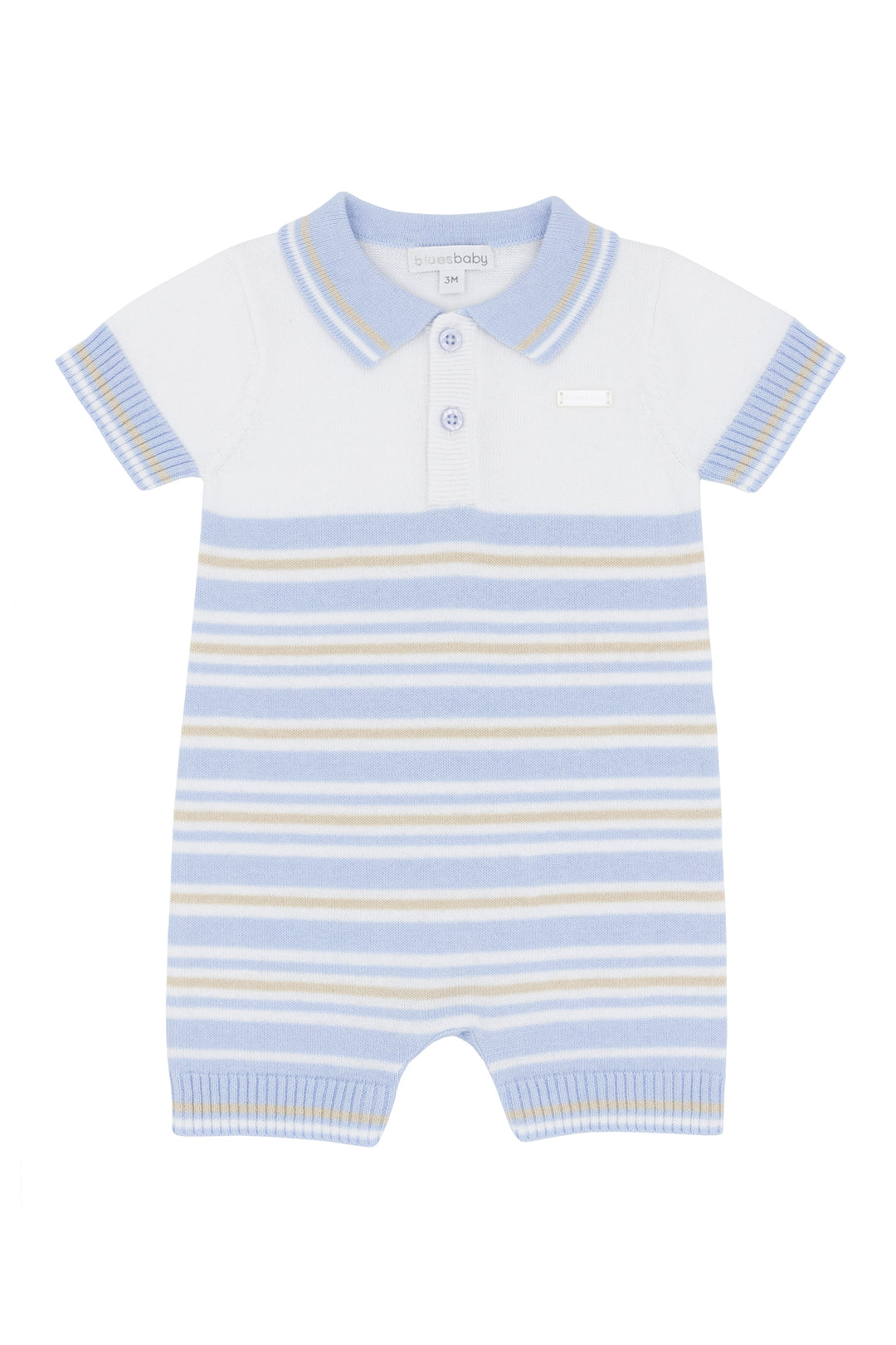 Blues Baby "Cassius" Blue & Beige Striped Knitted Romper | Millie and John