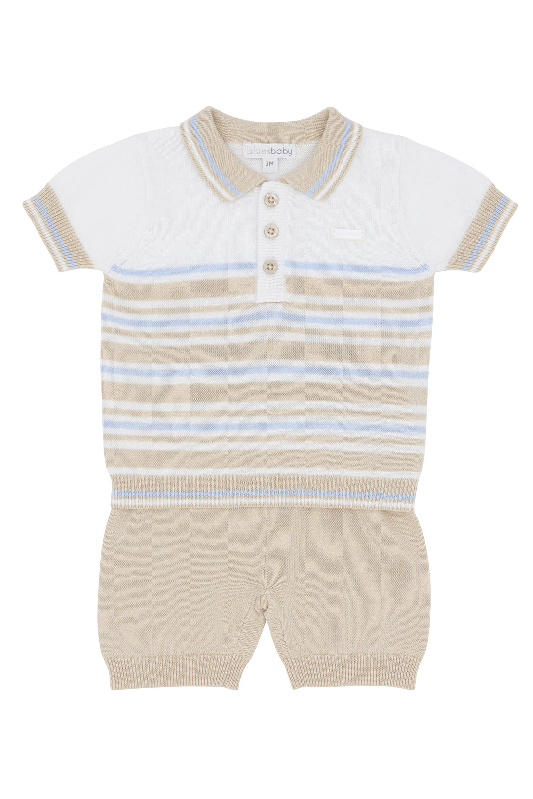 Blues Baby "Enzo" Beige & Blue Striped Knitted Polo Shirt & Shorts | Millie and John