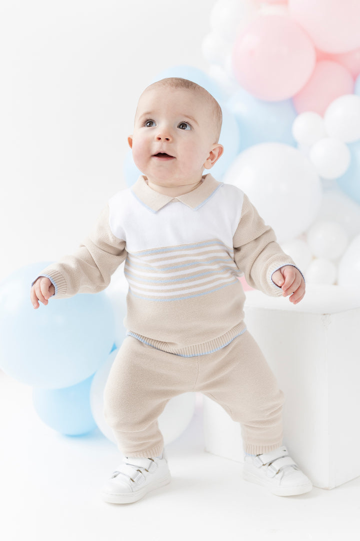 Blues Baby "Mason" Beige, White & Blue Knitted Polo Top & Trousers | Millie and John